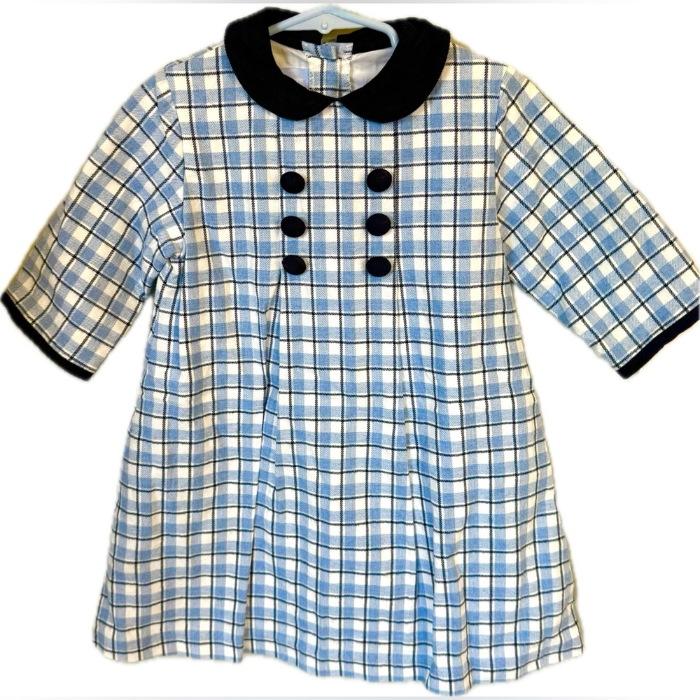 Bella Bliss Plaid Dress Girl’s 5 Blue White XS S LS Cotton Pleated A-Line Checks